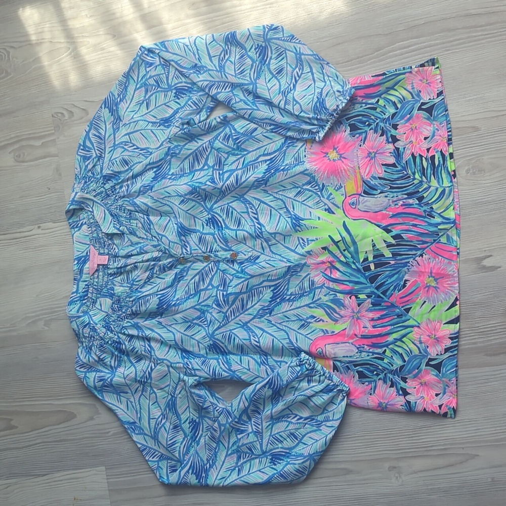 Lilly Pulitzer S silk long sleeve shirt toucan tropical blue 100% silk Pink Flor